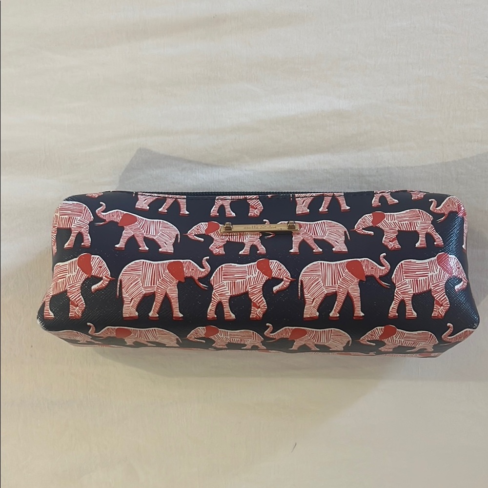 Stella & Dot Elephant Print Navy and Red Pencil Pouch/Small Makeup Bag/Catch All
